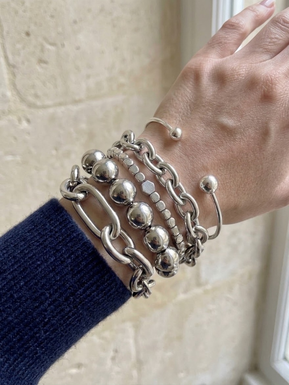 5Pcs Silver-Tone Mixed Chain & Bead Bracelet Set NEW B04-07